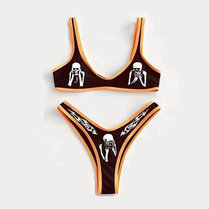 Ensemble bikini imprimé lettres gothiques punk, maillot de bain sexy 2023 pour femmes, motif tête de mort, col en V, maillot de bain tendance