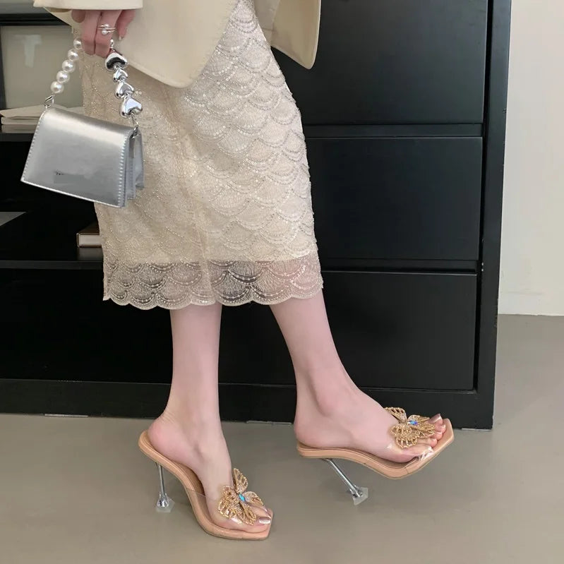 Pantoufles d'été à talons étranges pour femmes, strass papillon, bout carré, chaussures de soirée, sandales transparentes