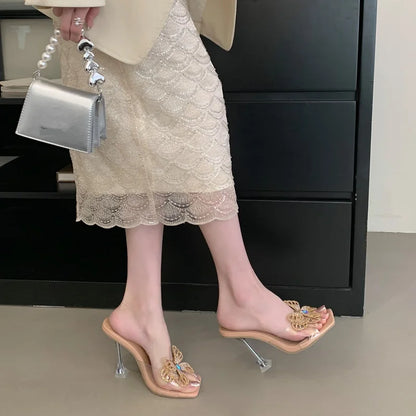 Pantoufles d'été à talons étranges pour femmes, strass papillon, bout carré, chaussures de soirée, sandales transparentes