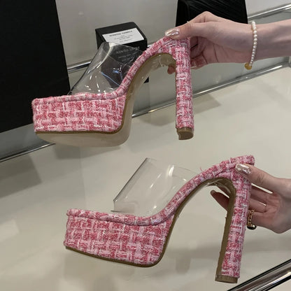 2025 Women's High-Heeled Grid Design Sandals with Anti-Slip Transparent Tape Anti-Slip Slippers Wedges