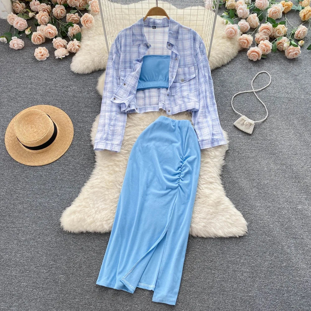 ANSZKTN Sommer Damen Sommeranzug Damen Sonnenschutzhemd Vielseitiger sexy BH Faltenrock Dreiteiler Mode