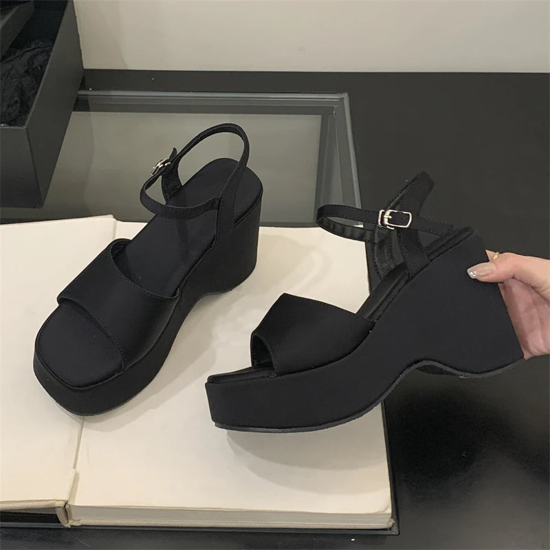 2025 European American Wedding Wind Comfortable Women's Open-Toed Peep Sandals Thick Soled Summer Slope Heel Breathable