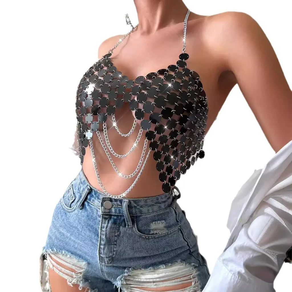 Festival Outfit 2024 Summer New Fashion Nightclub Sexy Sequin Bright Triangle Stitching Bikini Hollow Out Tank Top
