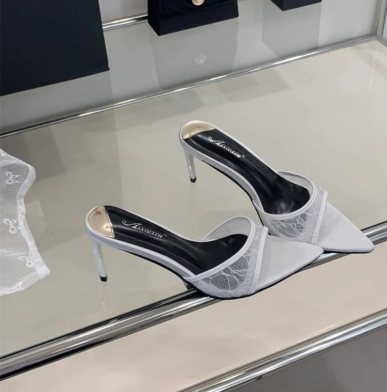 2025 Lace White Heels Hollow Mesh Sexy Feminine Sandals Summer Women's Wedding Shoes Slippers