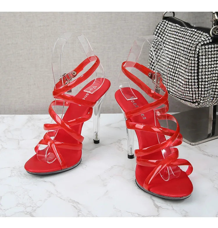 Sandales transparentes d'été à talons hauts de 11CM, sexy, super ouvertes, pour boîte de nuit, avec boucle, amusantes, grandes tailles, chaussures de mariage et de fête