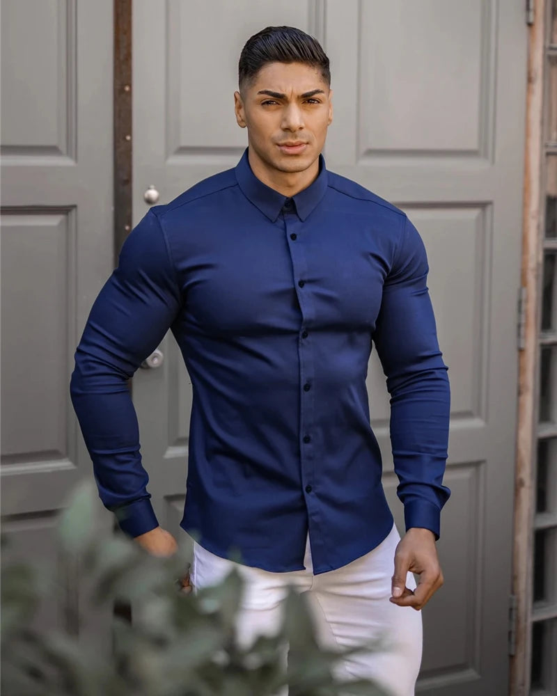 Camicia a maniche lunghe moda autunno uomo camicia super slim fit maschile casual da lavoro sociale camicia da uomo di marca abbigliamento sportivo fitness