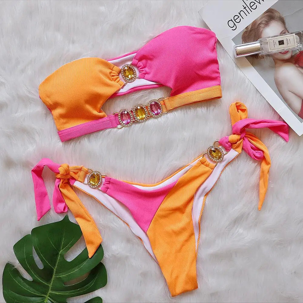 JSN9202108 Sexy Kristall-Diamant-Bikini, abnehmbares Brustpolster, Badeanzug, Spleiß-Brustgurt, geteilter Badeanzug