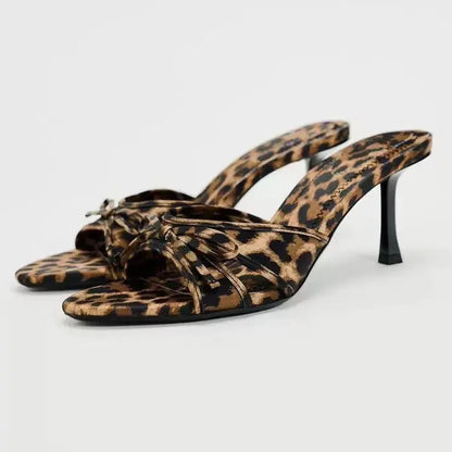 2025 Women's Leather Shoes with Leopard Print, Bowknot Design, Thin Stiletto Heels, Open Back, Round Toe, Open Toe Sandals