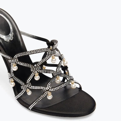 Sandales à talons hauts et fins pour femmes, chaussures d'été à lanières croisées avec strass, mules à talons aiguilles et perles.