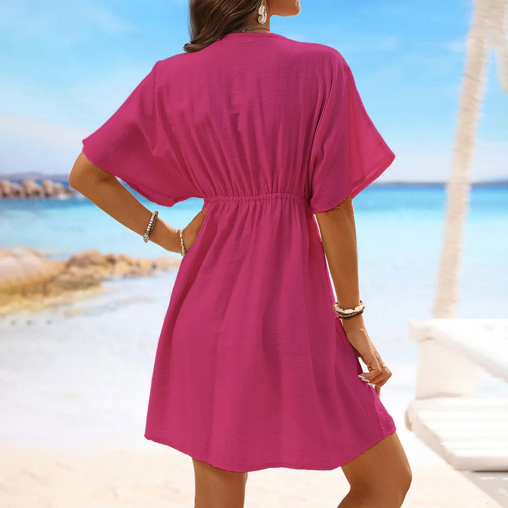 Factory Summer Ladies Solid Color V-neck Ice Cloth Lace Patchwork Bikini Swimsuit Cover-ups Loose Beach Dress for Women