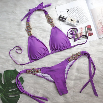 Sexy Luxury Crystal Diamond Bikini Plain Female Split Bandage Swimsuit Metal Accessories Swimsuit Jewelry Swimwear