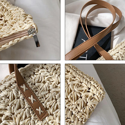 Borsa da spiaggia quadrata in paglia cava Borsa a tracolla intrecciata fatta a mano Borsa da viaggio per lo shopping in rafia in rattan Borsa casual per le vacanze estive bohémien