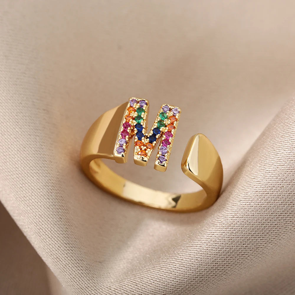 Anelli con lettera zircone arcobaleno per le donne Moda grosso lettera larga AZ anello in acciaio inossidabile matrimonio gioielli Boho spedizione gratuita