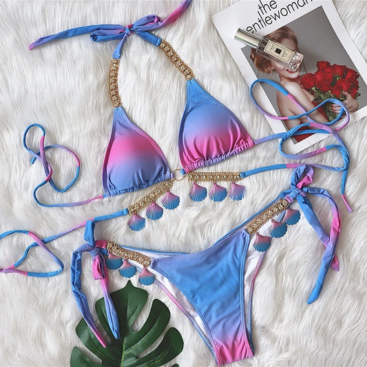 2024 Nouveau maillot de bain sexy bandage imprimé dégradé pour femme, maillot de bain fendu de luxe avec cristaux, bikini, maillot de bain bijoux en forme de coquillage