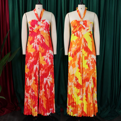 C8589 Women's Summer New Sexy Backless Printed Lace-up Wide-leg African Jumpsuit