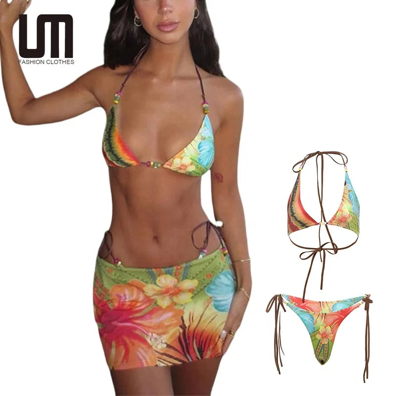 Liu Ming Cheap Wholesale Summer Women Clothes Sexy Beach Backless Halter Colorful Printed Bikini Set