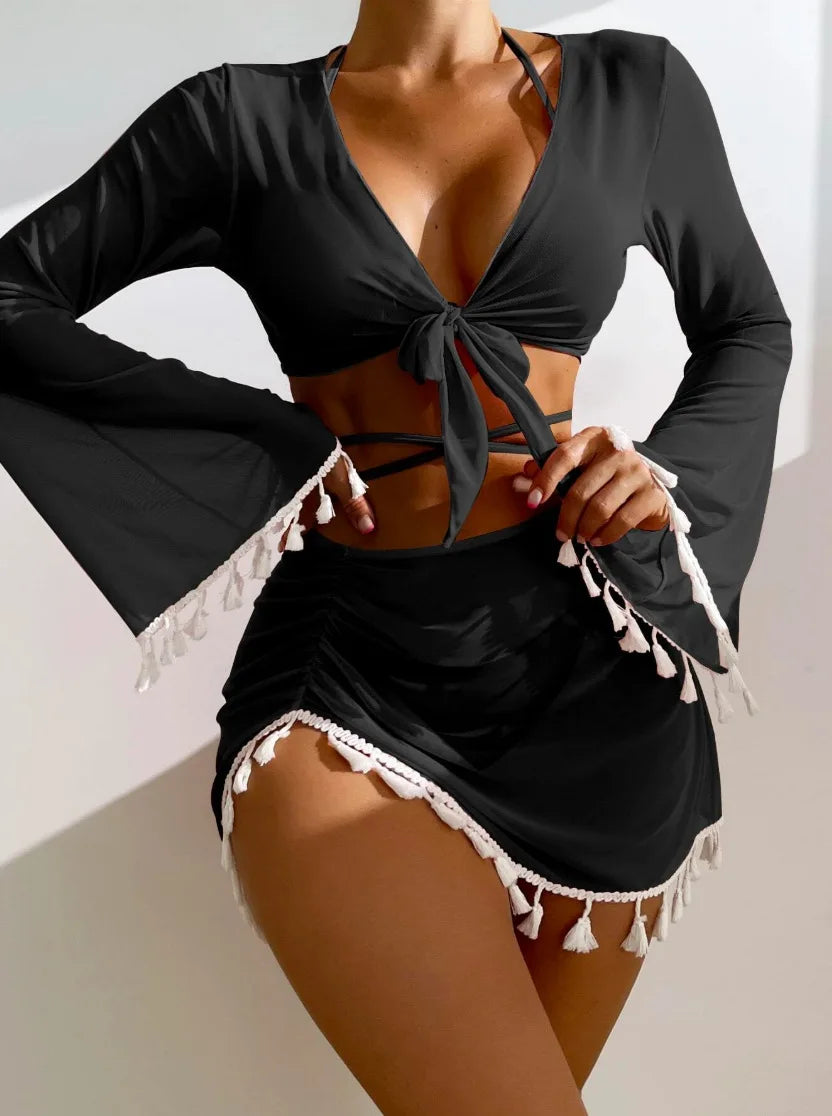 Women's Summer Casual Sexy Tassel Mesh Short Skirt New Style Four Piece Bikini Beachwear Set Solid Color
