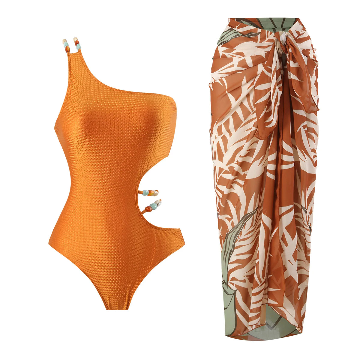 Sexy Bikini Set Women Luxury Beading Swimwear Hollow Out Swimsuit Two-pieces Halter Beachwear Bathing Suit With Cover up Skirt