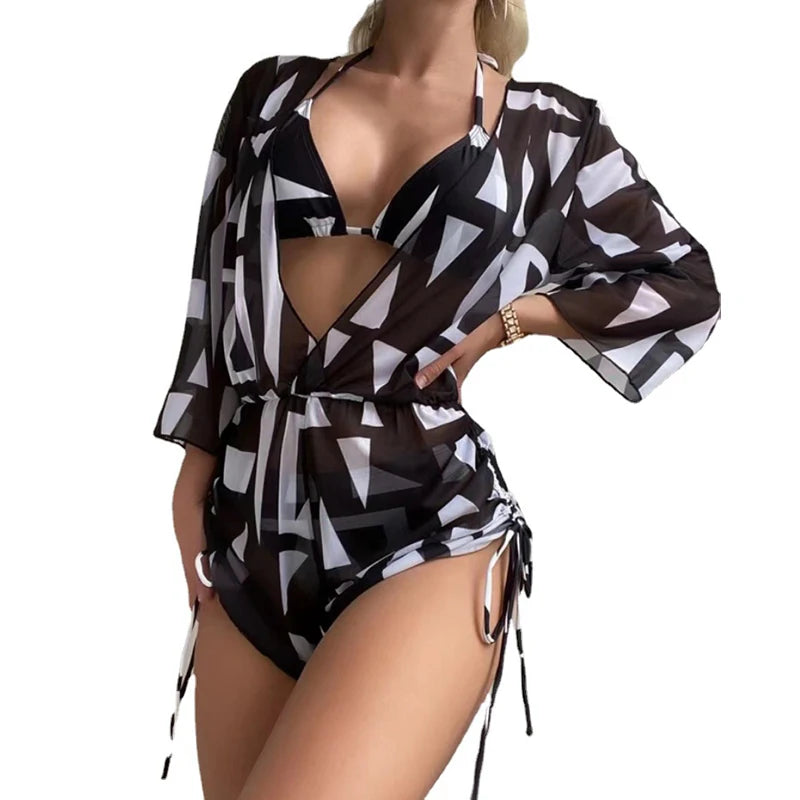 3 Piece Set Bikini New Summer Women Sexy Bikini Loose Beach Spaghetti Strap Bra Jumpsuit Suits Printed Swimwear Bikini