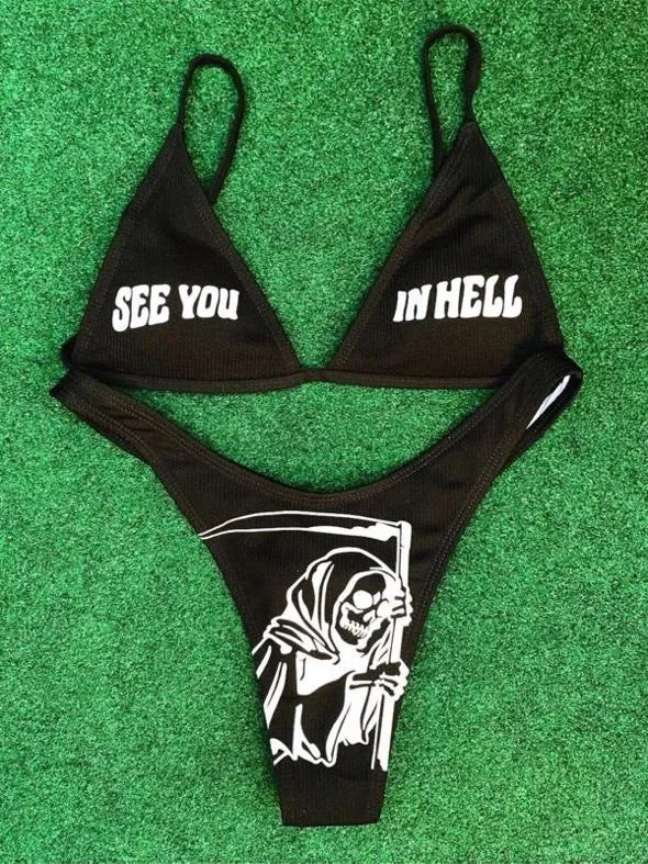 Ensemble bikini imprimé lettres gothiques punk, maillot de bain sexy 2023 pour femmes, motif tête de mort, col en V, maillot de bain tendance