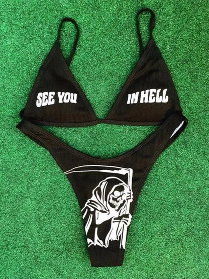 Ensemble bikini imprimé lettres gothiques punk, maillot de bain sexy 2023 pour femmes, motif tête de mort, col en V, maillot de bain tendance