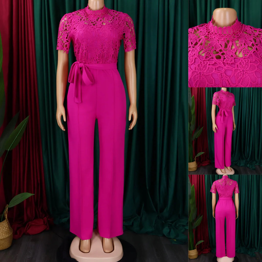 D509 Latest Design Sexy Lace Jumpsuit for Women Hollow Out Short Sleeve Tie up High Waist Wide Leg Jumpsuits for Ladies