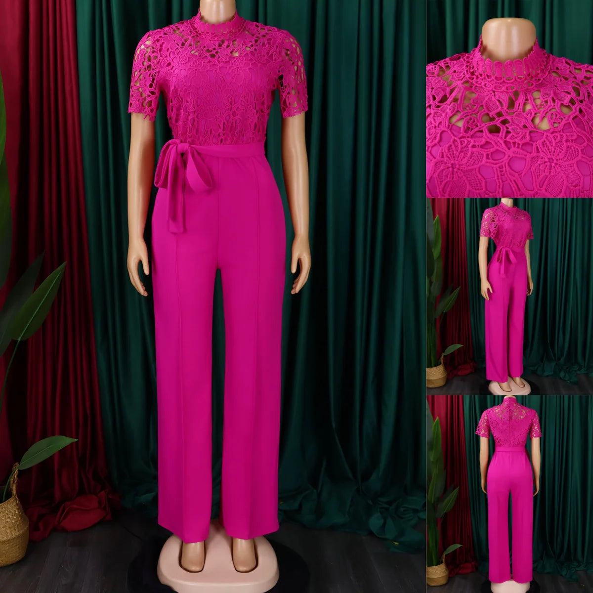 D509 Latest Design Sexy Lace Jumpsuit for Women Hollow Out Short Sleeve Tie up High Waist Wide Leg Jumpsuits for Ladies