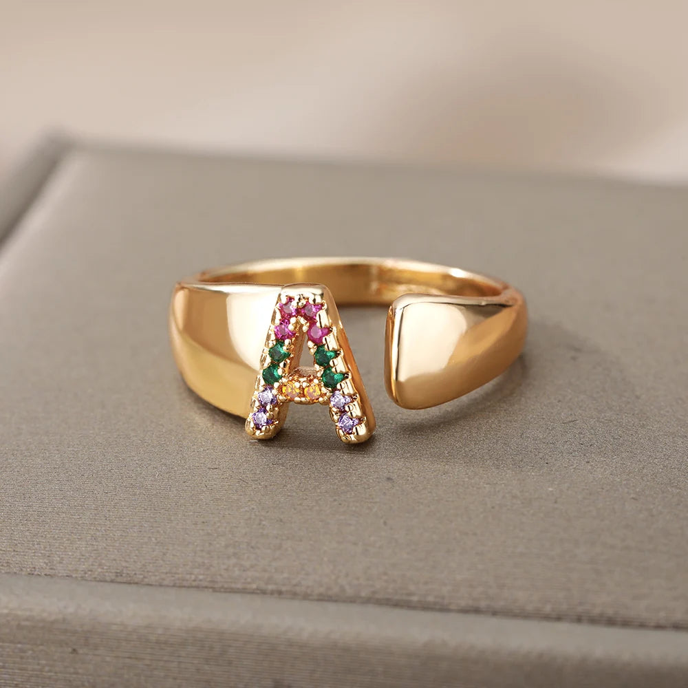 Anelli con lettera zircone arcobaleno per le donne Moda grosso lettera larga AZ anello in acciaio inossidabile matrimonio gioielli Boho spedizione gratuita