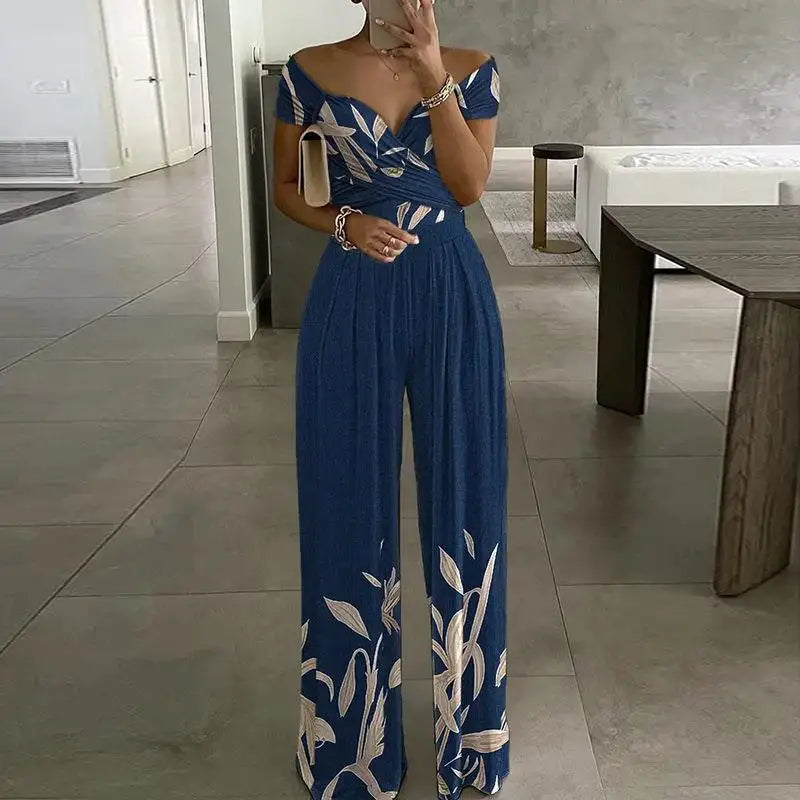 Summer Fashion Sexy Deep V-neck Jumpsuit Women's Short Sleeve Floral Digital Print Waist Trousers Jumpsuit
