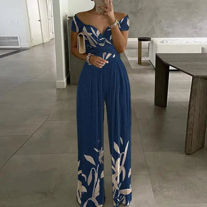 Summer Fashion Sexy Deep V-neck Jumpsuit Women's Short Sleeve Floral Digital Print Waist Trousers Jumpsuit