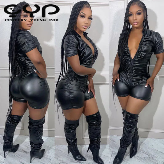 Combinaison courte décontractée sexy en cuir PU à col en V profond pour femme, nouveau design respirant avec décoration patchwork, idéale pour les fêtes