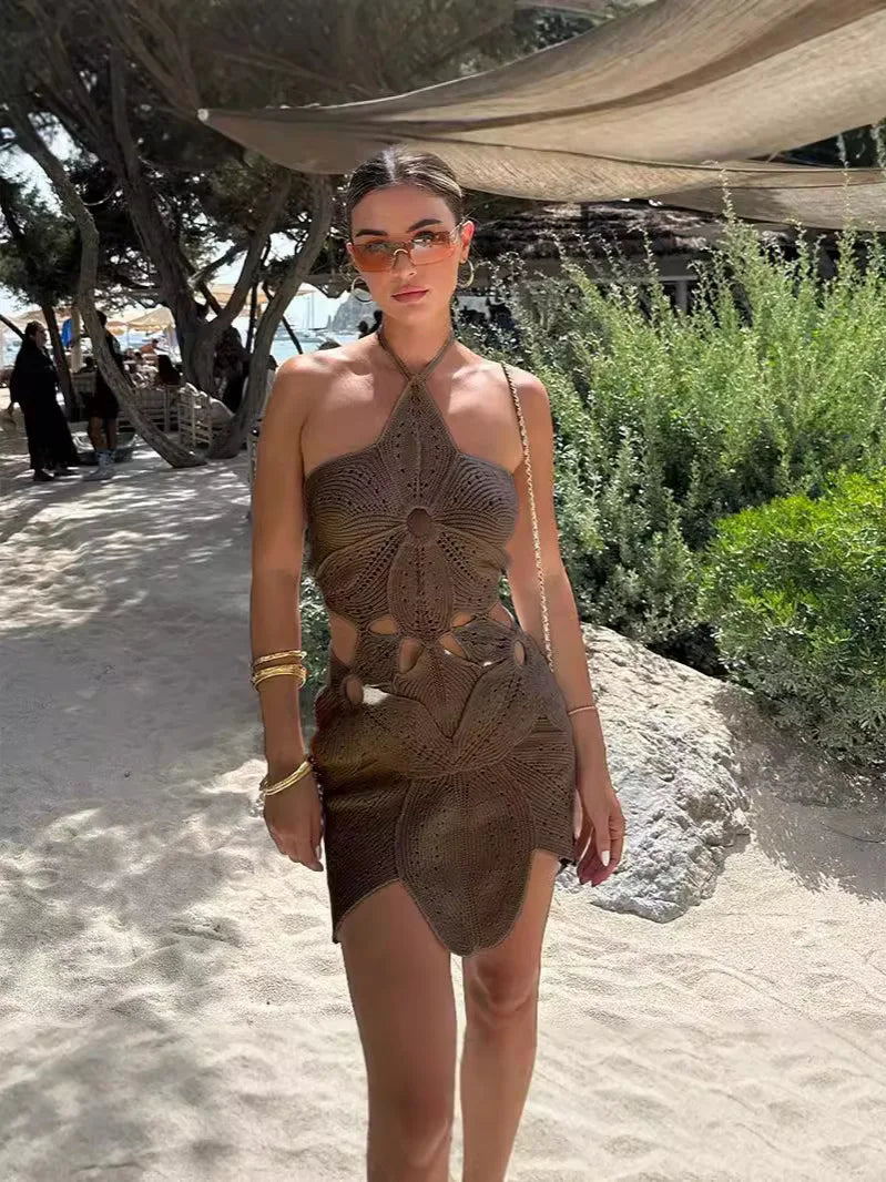 Wholesale Custom Sleeveless Knitted Long Beachwear Swimsuit Bikini Cover up Middle Length Crochet Dress Skirt