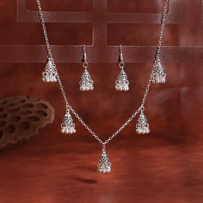 Boucles d'oreilles cloches de couleur argentées pour femmes indiennes/Ensemble collier bijoux de mariage Pendentifs boucles d'oreilles Jhumka de Bohème