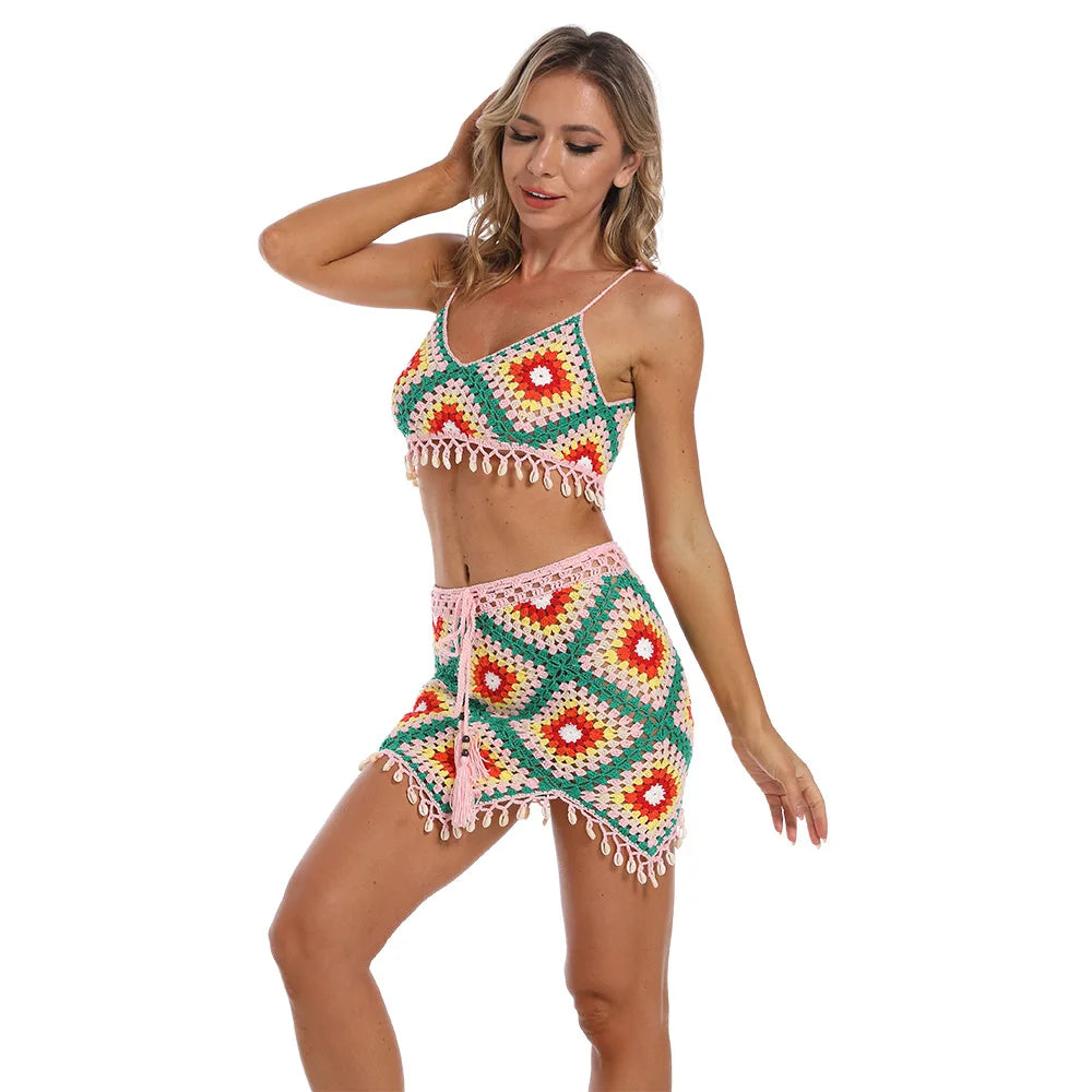 Handgemachter Häkelbikini Strand Granny Square Minirock Muschel Schwimmanzug Textur Strickbikini