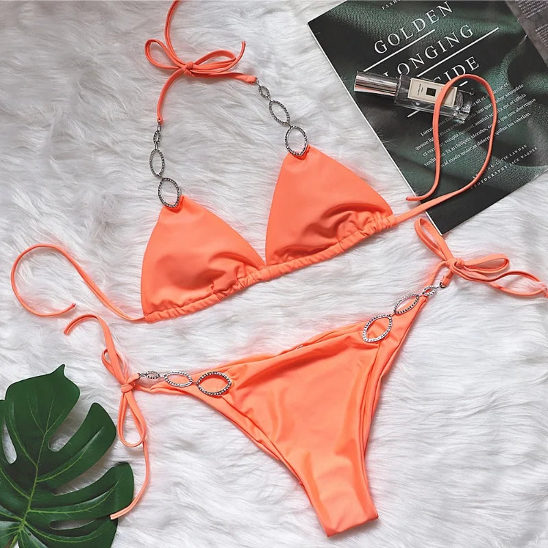 New Design Solid Color Halter Collar Sexy Metal Decorate  Bikinis Woman Swimwear Two Piece Bikini & Beachwear