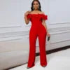 D523 Damen Sexy Enger, Einfarbiger, schulterfreier Jumpsuit mit Rüschen und kurzen Ärmeln