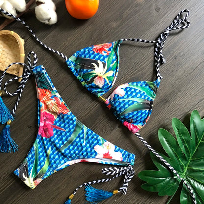 RUOTONGSEPT Sexy Micro Bikinis Set 2024 New Swimsuit Women Feather Print Bandage Swimwear Female Bathing Suit Brazilian Biquinis
