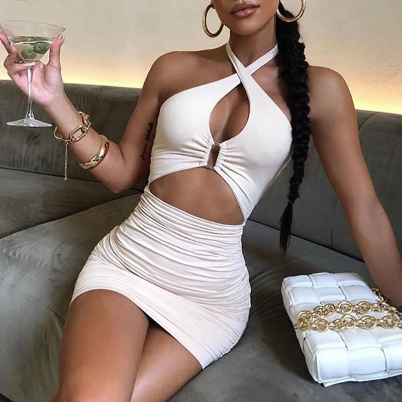 2022 senza maniche Backless scava fuori vestito aderente estate Sexy increspato Halter Mini abiti donna abiti da sera Party Club Outfit