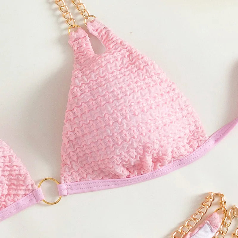Sexy Halter Solid Bikini Set Female Swimsuit Two-piece Triangle Thong Metal Chain Strap Swimwear Bathing Suit Brazilian Biquinis