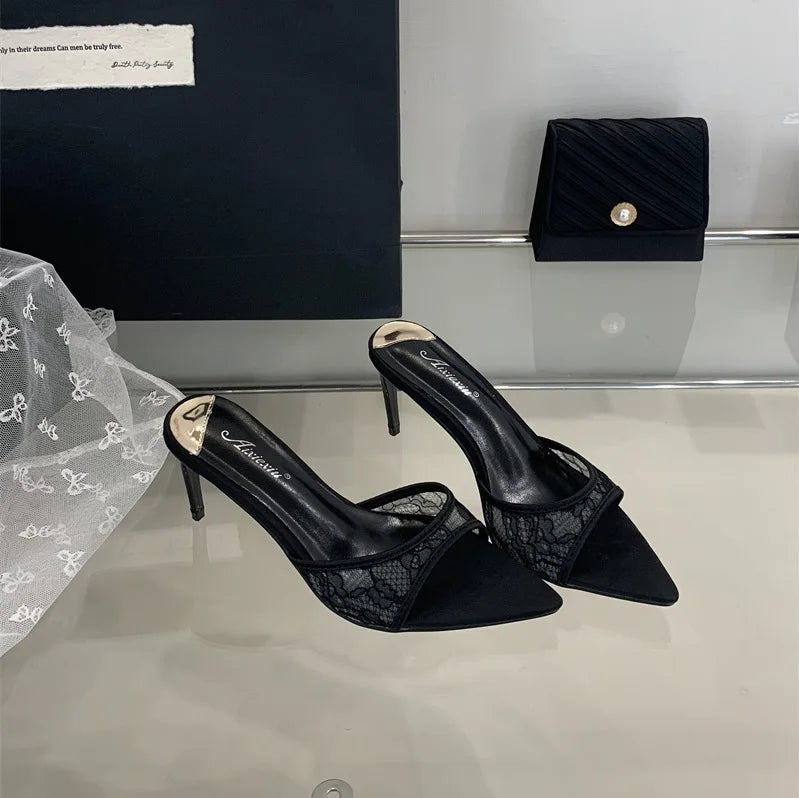2025 Lace White Heels Hollow Mesh Sexy Feminine Sandals Summer Women's Wedding Shoes Slippers