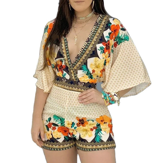 Women's Cami Jumpsuit Casual Summer Floral Printed Playsuit  Women Rompers 3/4 Sleeve Backless Playsuit Women Clothes