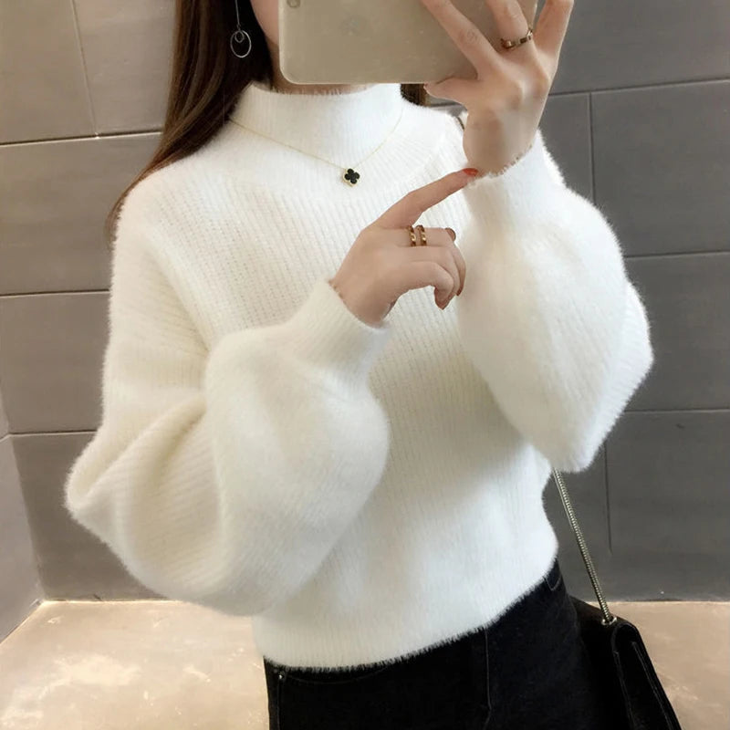 Autunno/Inverno Donna Maglione Pullover Nuovo Mezza Dolcevita Manica Lanterna Maglione Corto Imitazione Visone Pile Maglia Maglione Top