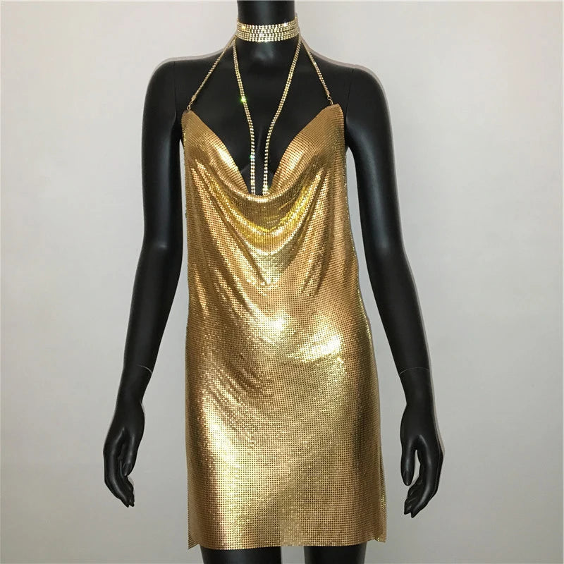 AKYZO Mini abito patchwork con paillettes dorate sexy Donna senza maniche Taglio basso Catene di metallo Halter Slim Abiti da festa da discoteca affascinanti