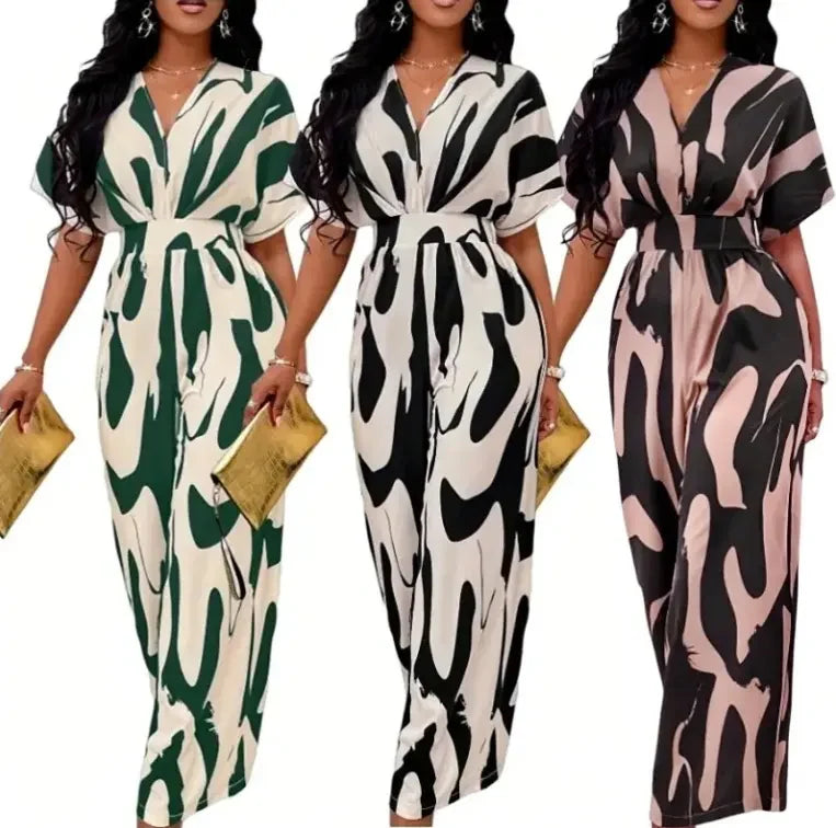 2025 Fashion Frühling Sommer Neue High Waist Kurzarm Jumpsuits Weites Bein Hosen Overalls Damen Bedruckter Sommer Lockerer Jumpsuit