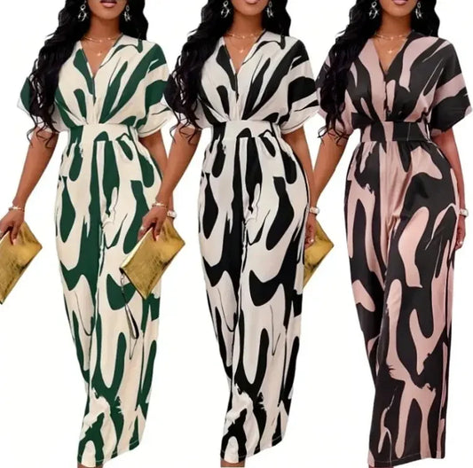 2025 Fashion Spring Summer New High Waist Short Sleeve Jumpsuits Wide Leg Pants Overalls Women's Printed Summer Loose Jumpsuit