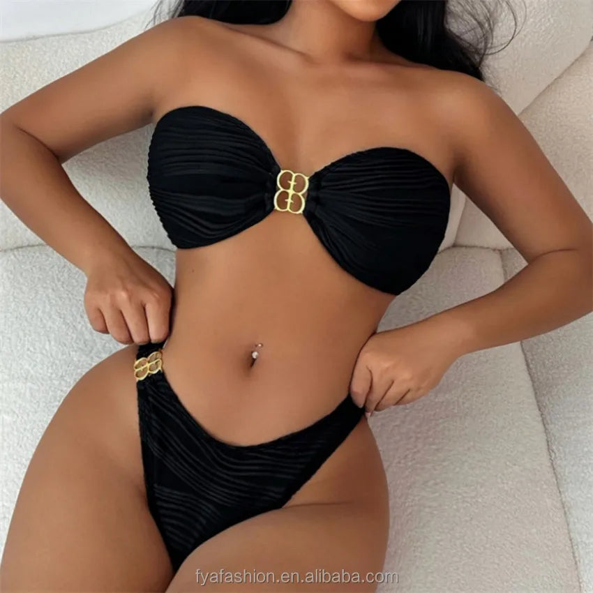 Custom Ribbed Metallic Bikini Tube Top Beachwear High Waist Bandeau Swimwear for Women 2024
