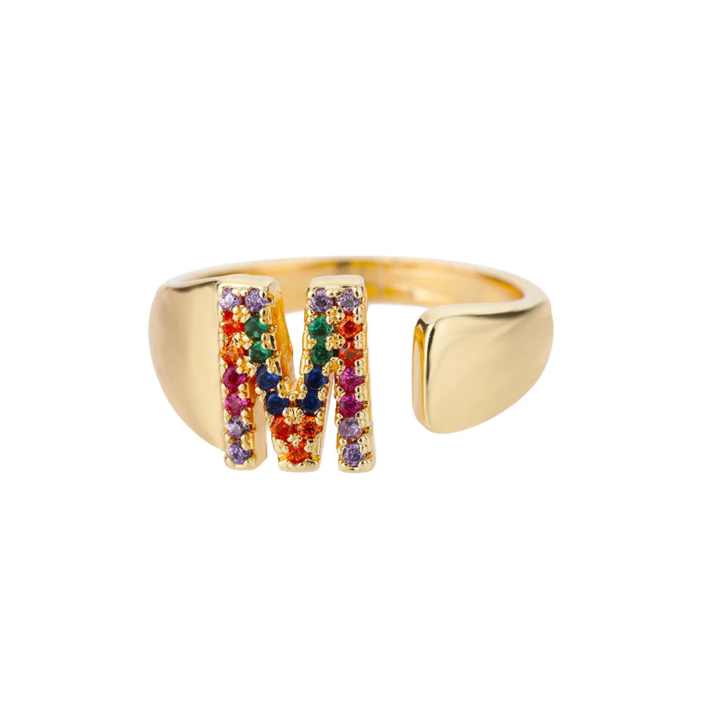 Anelli con lettera zircone arcobaleno per le donne Moda grosso lettera larga AZ anello in acciaio inossidabile matrimonio gioielli Boho spedizione gratuita