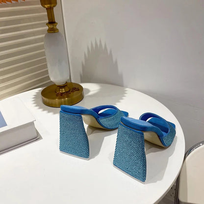 Eilyken Pantofole estive con tacco spesso a triangolo CRISTALLO Pantofole da donna sexy da strada con punta quadrata Scarpe da festa Taglia 35-41