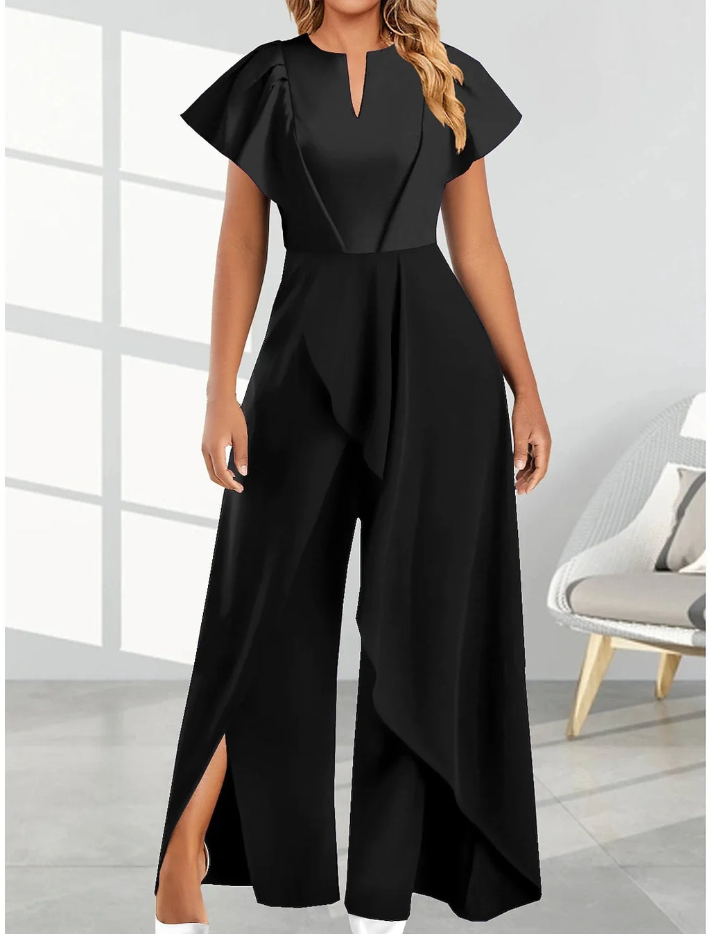 Damen V-Ausschnitt Irregulärer Overall Weites Bein Hosenanzug Kleid Kurzarm Einfarbiger Overall S-3XL
