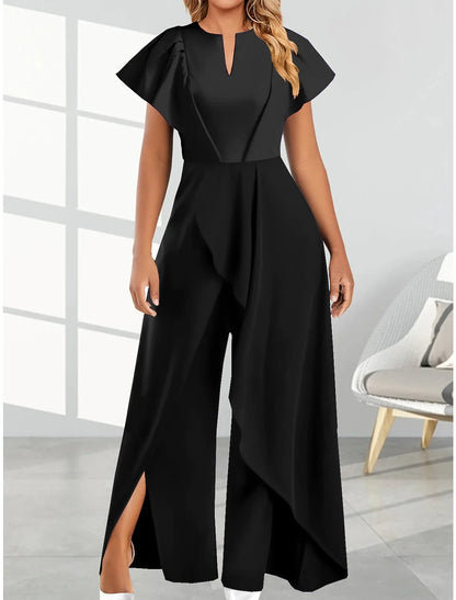 Combinaison femme col en V irrégulier, pantalon large, robe combinaison, manches courtes, couleur unie, tailles S-3XL